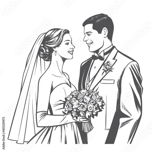 Elegant Wedding Illustration of a Bride and Groom Sharing a Loving Gaze While Holding a Bouquet of Flowers