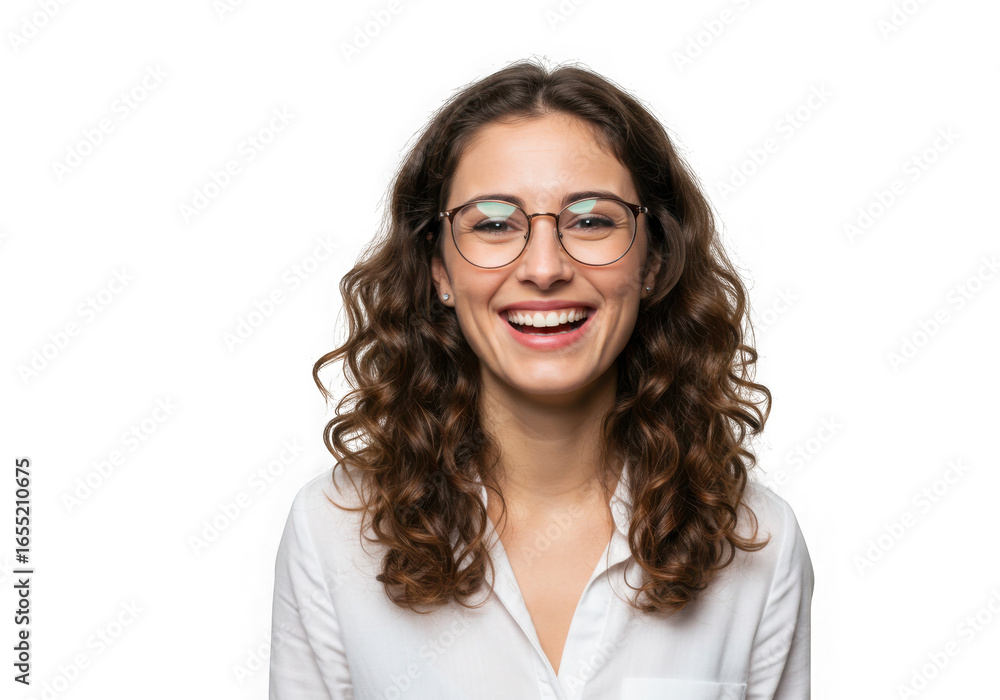 Fototapeta premium Happy woman with glasses smiling isolated on transparent background