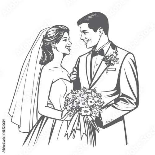 Elegant Wedding Illustration of a Bride and Groom Sharing a Loving Gaze While Holding a Bouquet of Flowers