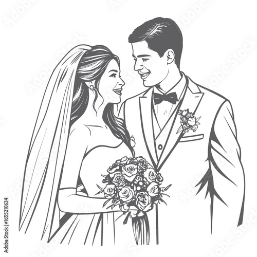 Elegant Wedding Illustration of a Bride and Groom Sharing a Loving Gaze While Holding a Bouquet of Flowers