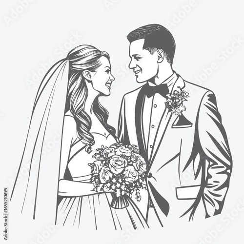 Elegant Wedding Illustration of a Bride and Groom Sharing a Loving Gaze While Holding a Bouquet of Flowers