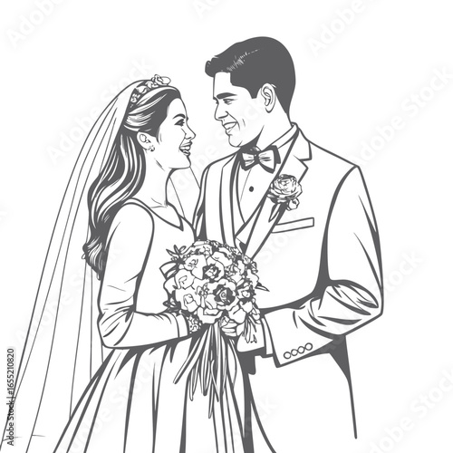Elegant Wedding Illustration of a Bride and Groom Sharing a Loving Gaze While Holding a Bouquet of Flowers