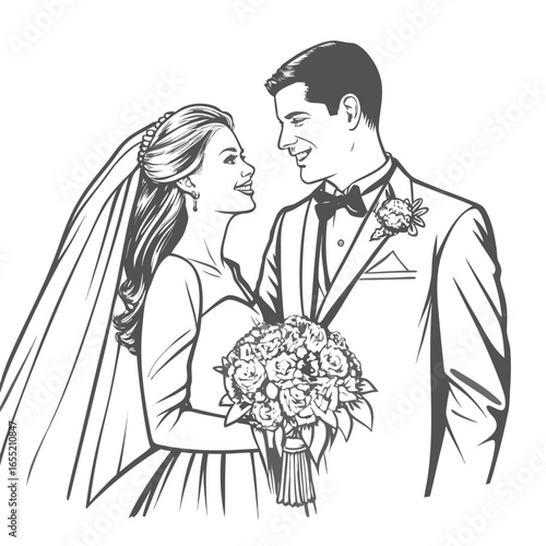 Elegant Wedding Illustration of a Bride and Groom Sharing a Loving Gaze While Holding a Bouquet of Flowers