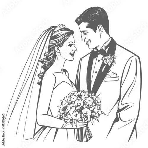 Elegant Wedding Illustration of a Bride and Groom Sharing a Loving Gaze While Holding a Bouquet of Flowers