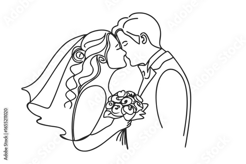 Elegant Line Art Captures a Newly Married Couple Sharing a Kiss During Their Wedding Ceremony Beautiful Moment of Love