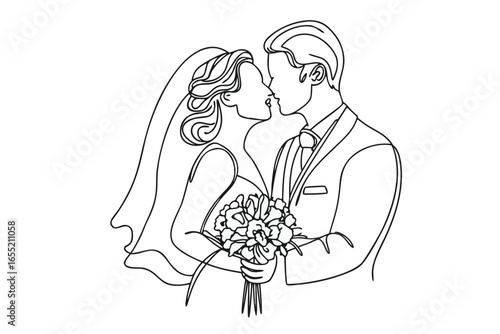 Elegant Line Art Captures a Newly Married Couple Sharing a Kiss During Their Wedding Ceremony Beautiful Moment of Love