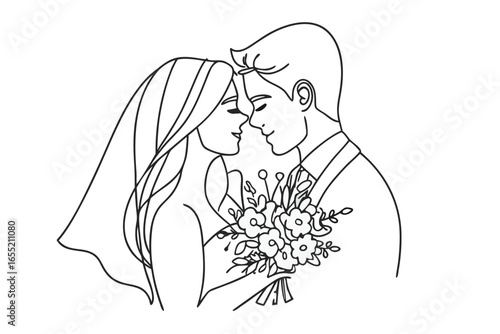 Elegant Line Art Captures a Newly Married Couple Sharing a Kiss During Their Wedding Ceremony Beautiful Moment of Love