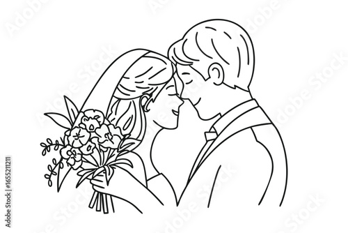 Elegant Line Art Captures a Newly Married Couple Sharing a Kiss During Their Wedding Ceremony Beautiful Moment of Love