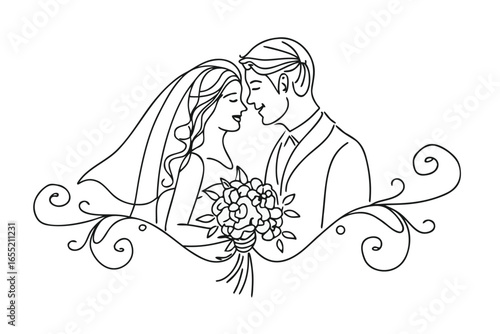 Elegant Line Art Captures a Newly Married Couple Sharing a Kiss During Their Wedding Ceremony Beautiful Moment of Love