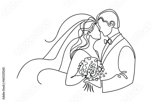 Elegant Line Art Captures a Newly Married Couple Sharing a Kiss During Their Wedding Ceremony Beautiful Moment of Love