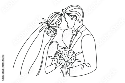 Elegant Line Art Captures a Newly Married Couple Sharing a Kiss During Their Wedding Ceremony Beautiful Moment of Love