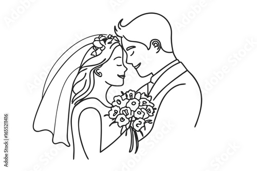 Elegant Line Art Captures a Newly Married Couple Sharing a Kiss During Their Wedding Ceremony Beautiful Moment of Love