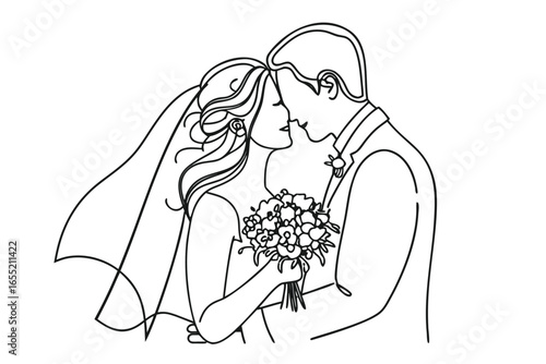 Elegant Line Art Captures a Newly Married Couple Sharing a Kiss During Their Wedding Ceremony Beautiful Moment of Love