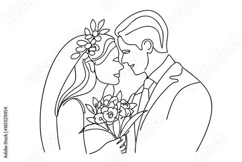 Elegant Line Art Captures a Newly Married Couple Sharing a Kiss During Their Wedding Ceremony Beautiful Moment of Love