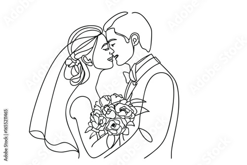 Elegant Line Art Captures a Newly Married Couple Sharing a Kiss During Their Wedding Ceremony Beautiful Moment of Love