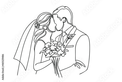 Elegant Line Art Captures a Newly Married Couple Sharing a Kiss During Their Wedding Ceremony Beautiful Moment of Love
