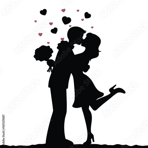 Romantic Silhouette of a Couple Embracing  in a Grassy Landscape Depicted in Black