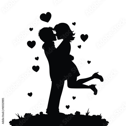 Romantic Silhouette of a Couple Embracing  in a Grassy Landscape Depicted in Black