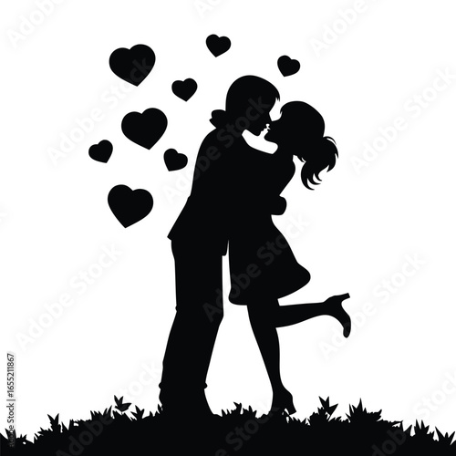 Romantic Silhouette of a Couple Embracing  in a Grassy Landscape Depicted in Black