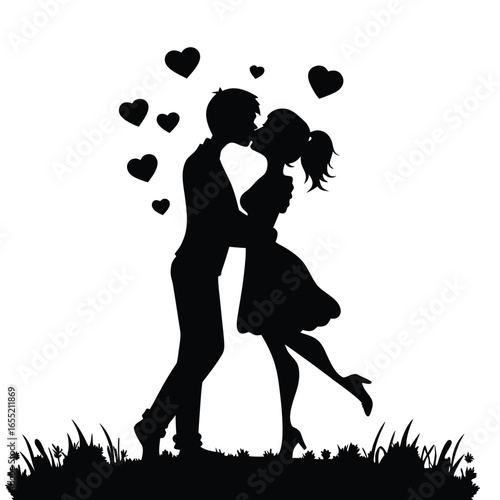 Romantic Silhouette of a Couple Embracing  in a Grassy Landscape Depicted in Black