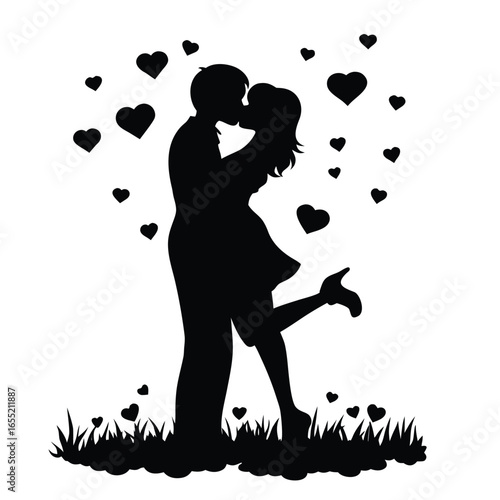 Romantic Silhouette of a Couple Embracing  in a Grassy Landscape Depicted in Black