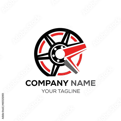 A modern automotive logo template featuring a stylized black and red car wheel with a dynamic abstract wing shape.