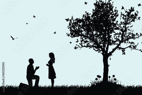 Romantic Silhouette Scene A Proposal Under a Tree with Birds Flying into the Sky Expressing Love