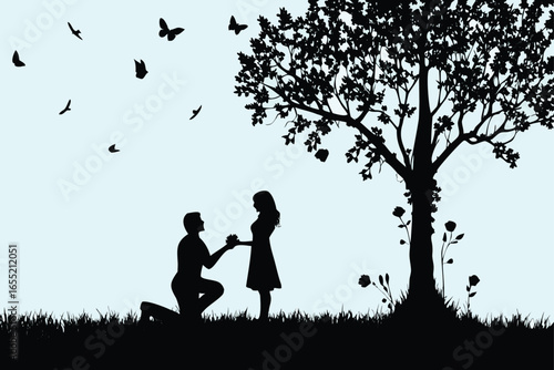 Romantic Silhouette Scene A Proposal Under a Tree with Birds Flying into the Sky Expressing Love
