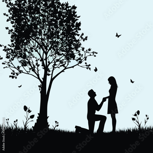 Romantic Silhouette Scene A Proposal Under a Tree with Birds Flying into the Sky Expressing Love