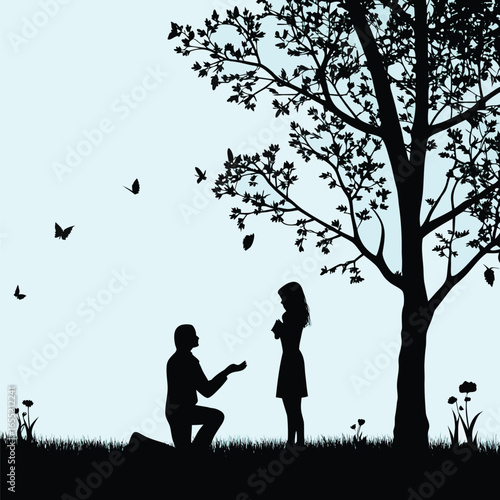 Romantic Silhouette Scene A Proposal Under a Tree with Birds Flying into the Sky Expressing Love