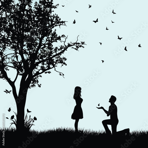 Romantic Silhouette Scene A Proposal Under a Tree with Birds Flying into the Sky Expressing Love