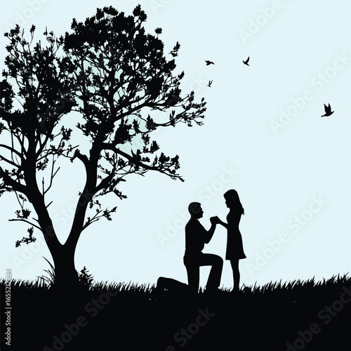 Romantic Silhouette Scene A Proposal Under a Tree with Birds Flying into the Sky Expressing Love