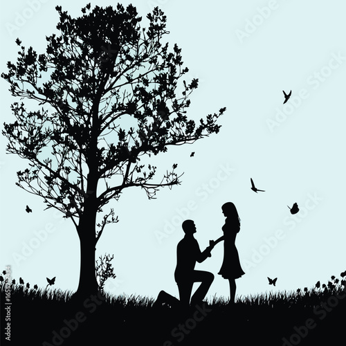 Romantic Silhouette Scene A Proposal Under a Tree with Birds Flying into the Sky Expressing Love