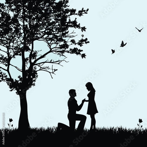 Romantic Silhouette Scene A Proposal Under a Tree with Birds Flying into the Sky Expressing Love