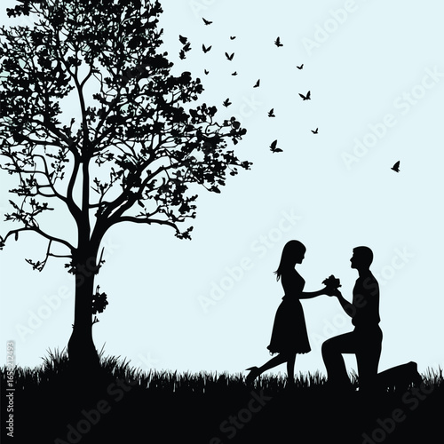 Romantic Silhouette Scene A Proposal Under a Tree with Birds Flying into the Sky Expressing Love