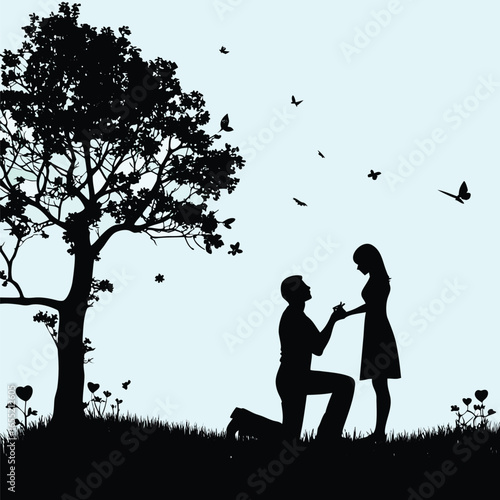 Romantic Silhouette Scene A Proposal Under a Tree with Birds Flying into the Sky Expressing Love