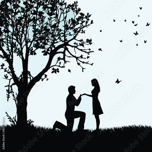 Romantic Silhouette Scene A Proposal Under a Tree with Birds Flying into the Sky Expressing Love