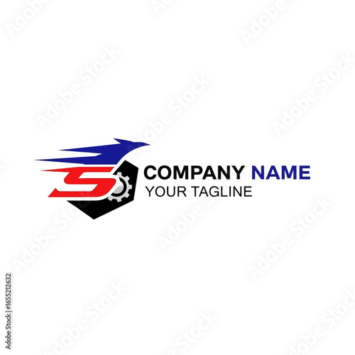 Free Download A modern logo design featuring a red letter S, a black shield with a gear, and blue speed lines, with placeholder text for company name and tagline. - GFXLoad