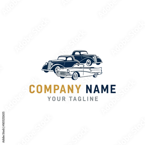 Classic car logo featuring three vintage vehicles, with company branding text.