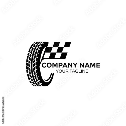 A black and white logo featuring a tire with tread and a checkered flag, alongside the words "Company Name" and "Your Tagline".