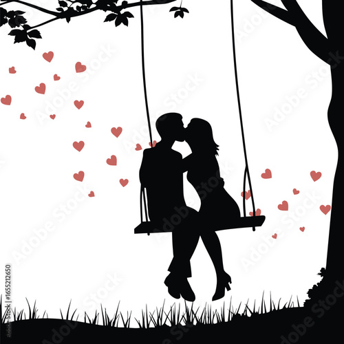 Silhouette of Romantic Couple Kissing on a Swing Surrounded by Hearts and Tree Branches, Evoking Love and Valentine's Day