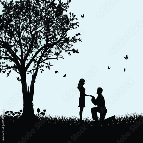 Romantic Silhouette Scene A Proposal Under a Tree with Birds Flying into the Sky Expressing Love