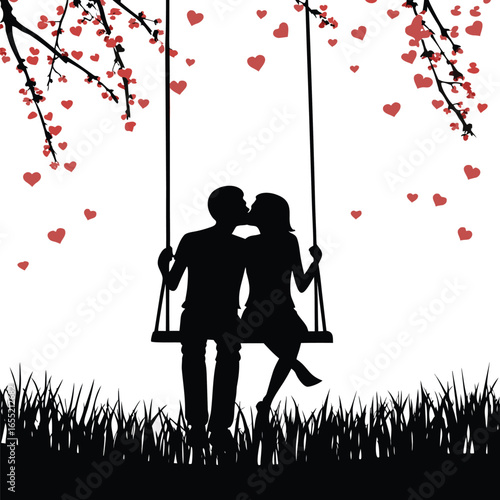 Silhouette of Romantic Couple Kissing on a Swing Surrounded by Hearts and Tree Branches, Evoking Love and Valentine's Day