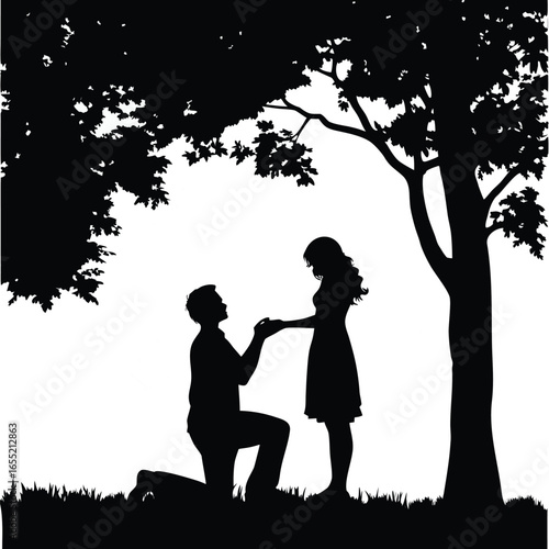 A Romantic Silhouette An Engagement Proposal Beneath a Sprawling Tree Capturing a Moment of Love and Commitment in Nature