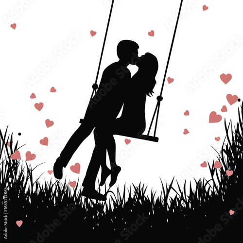 Silhouette of Romantic Couple Kissing on a Swing Surrounded by Hearts and Tree Branches, Evoking Love and Valentine's Day