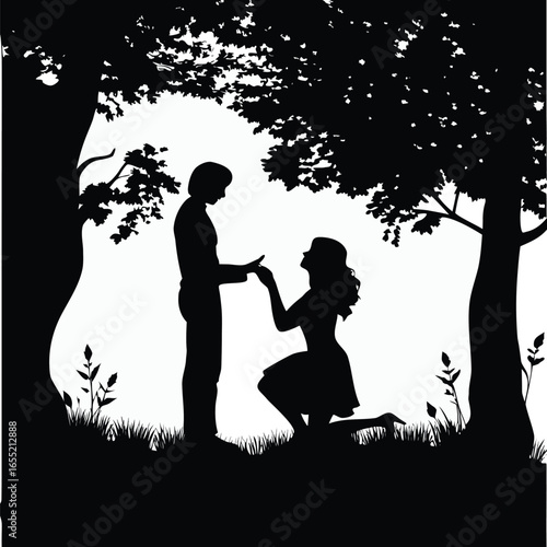 A Romantic Silhouette An Engagement Proposal Beneath a Sprawling Tree Capturing a Moment of Love and Commitment in Nature