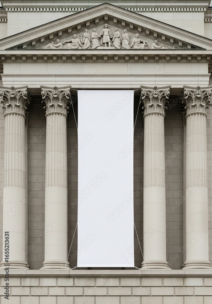 Obraz premium Historic Stone Building with Large White Advertising Banner