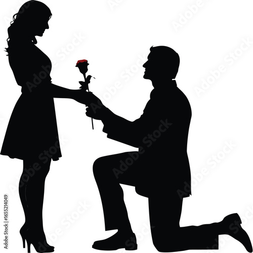 A Man Proposing with a Rose a Beautiful Moment of Love and Commitment Unveiled in Darkness Romantic Silhouette  vector 