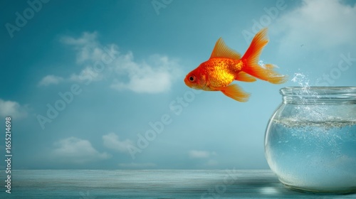 A vibrant goldfish jumps out of a clear bowl, creating splashes on the surface of water. The backdrop features a serene blue sky dotted with soft clouds.