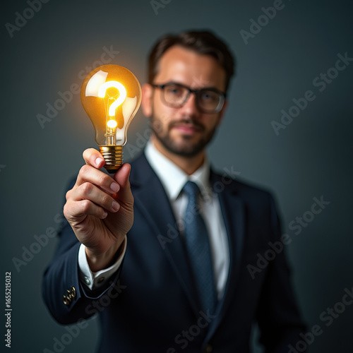 Businessman Holding a Light Bulb with Question Mark Symbolizing Ideas and Innovation in a Professional Setting